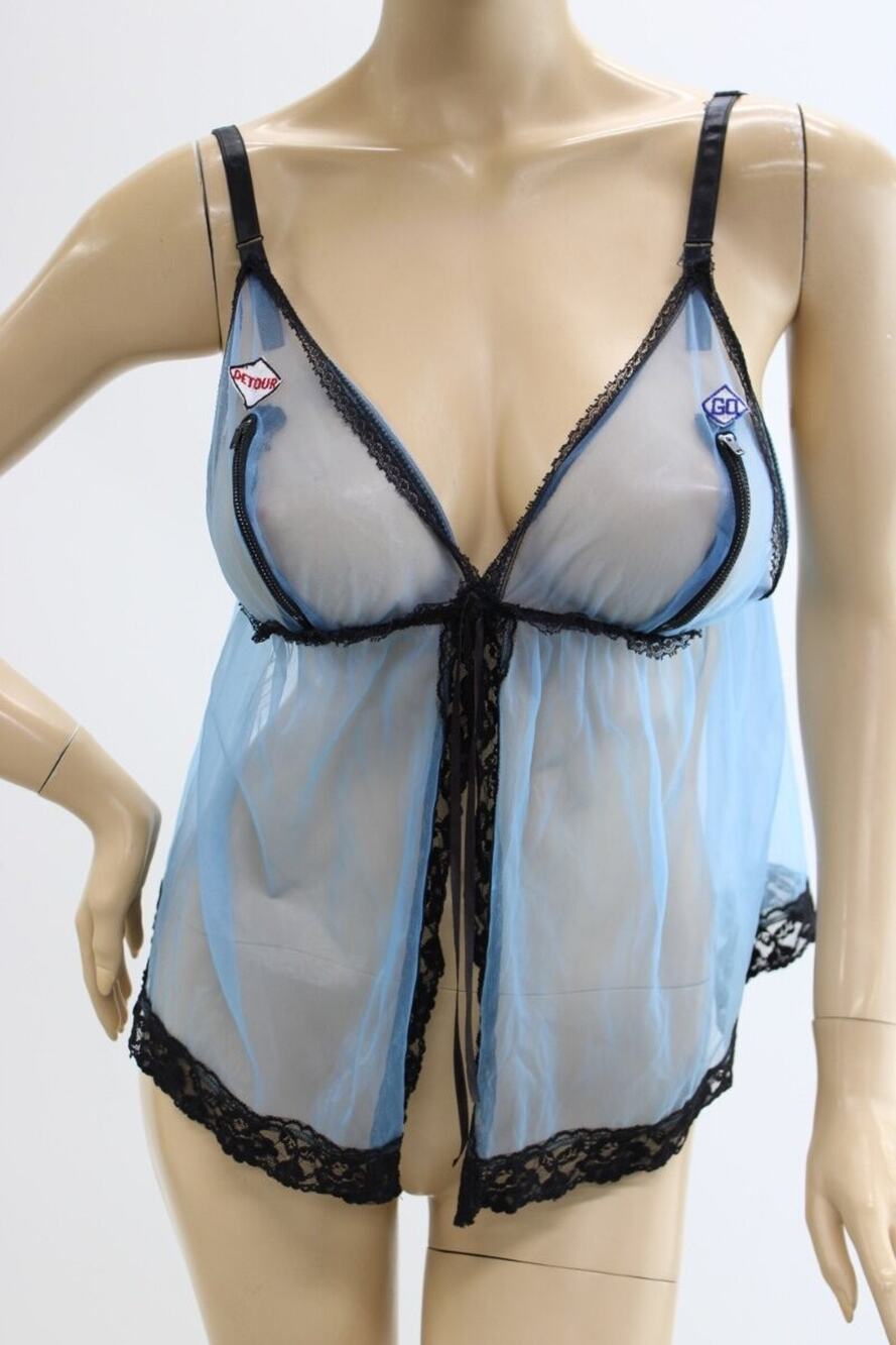 Vintage Blue Sheer Chiffon Babydoll Lingerie Nightie Large Lace Zipper Cups